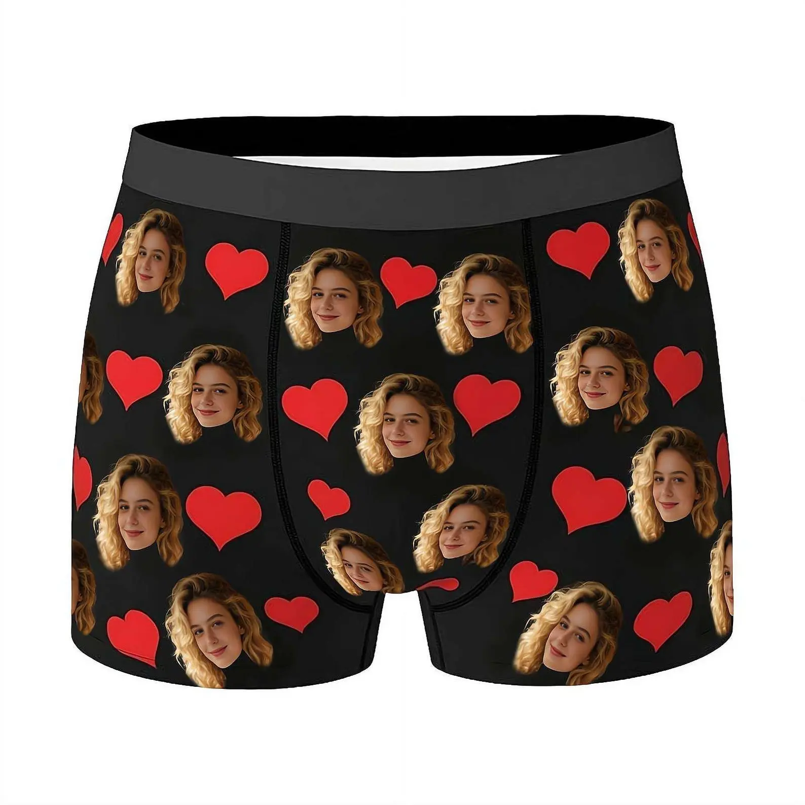Custom Photo Men’s Boxer Briefs, Personalized Face Underwear with Red Hearts, Funny Gift for Boyfriend Husband, Anniversary Birthday Valentine’s Day Gift
