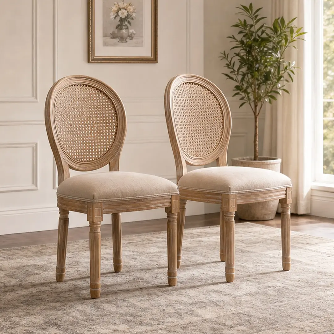ARCH French Country Dining Chairs Set of 2 Upholstered Linen Fabric Round Back Solid Wood Frame Wire Drawing Technique for Living Room Kitchen Restaurant Beige, Beige Color Options, Linen/Solid Wood Material, French Country Style, Color: Beige
