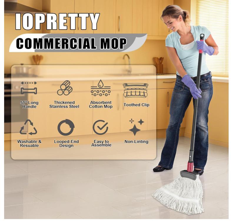 Commercial Mops for Floor Cleaning - Looped-End Heavy Duty Wet Mop with Long Handle for Hardwood Wood Tile Vinyl - Reusable Cotton Head for Home Garage Kichen Bathroom