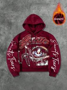Men's High-End Fleece Hoodie, Retro American Big Eye Print, Streetwear Oversized, Warm and Cozy, Casual Fall & Winter Fashion