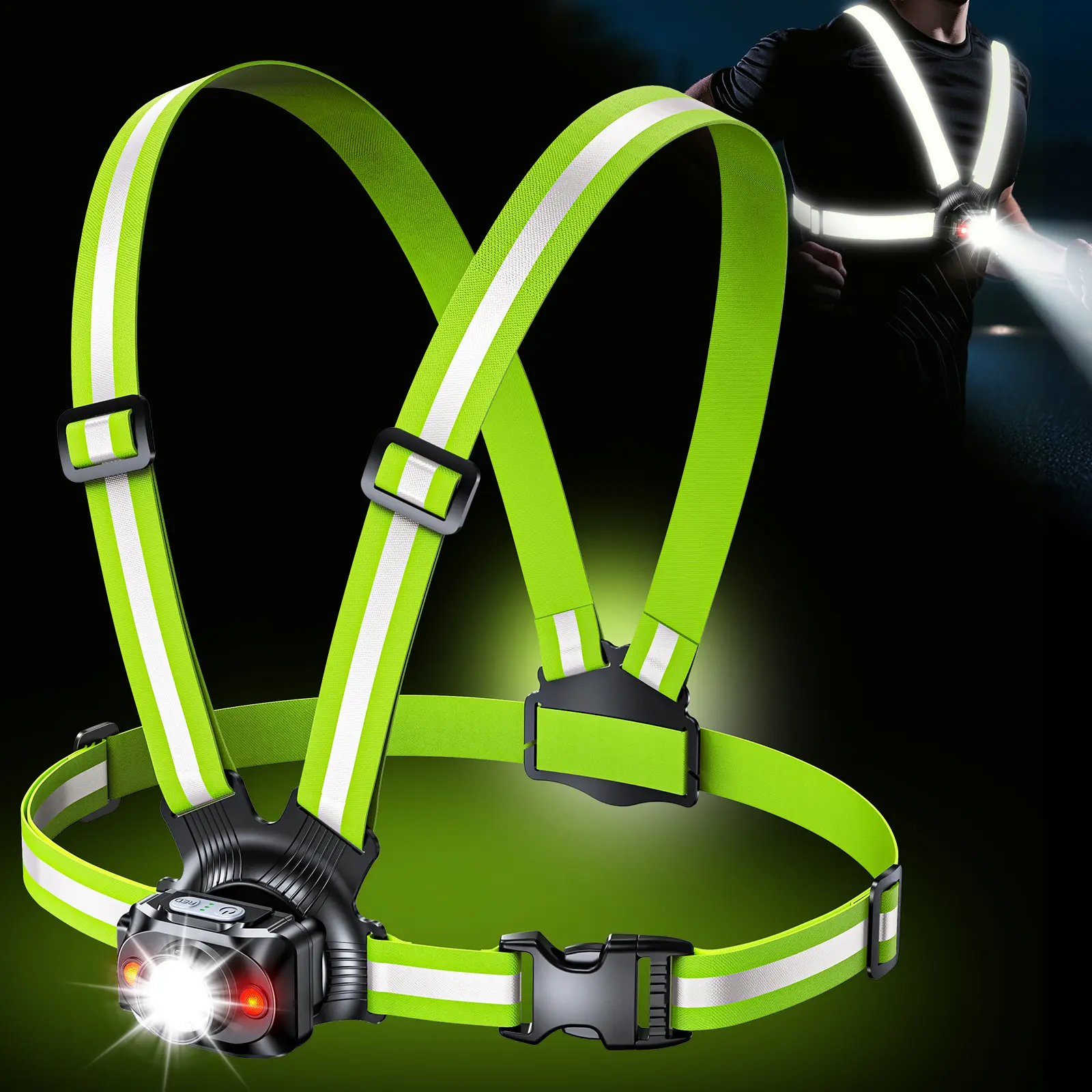 Running Lights for Runners, 500 Lumens Running Light with 45° Adjustable Tilt, 360° Reflective Vest & IPX4 Waterproof Rechargeable Light Up Gear for Night Walking/Cycling/Jogging/Hiking
