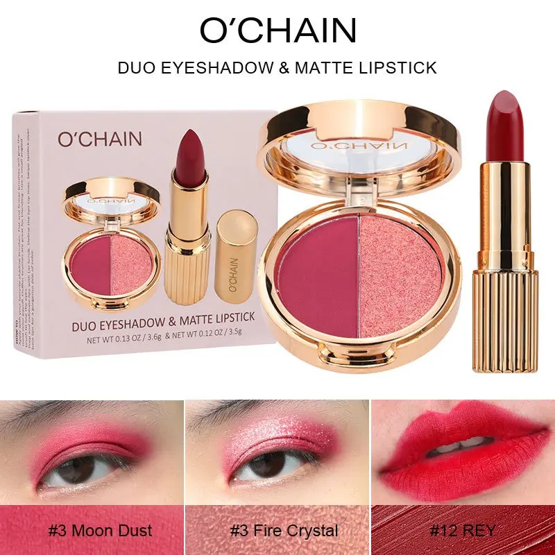 O'CHAIN Duo Eyeshadow & Matte Lipstick Makeup Set, 2 Shades Matte Shimmer Two-Tone Eyeshadow Palette + Velvet Long Lasting Matte Red Lipstick Kit