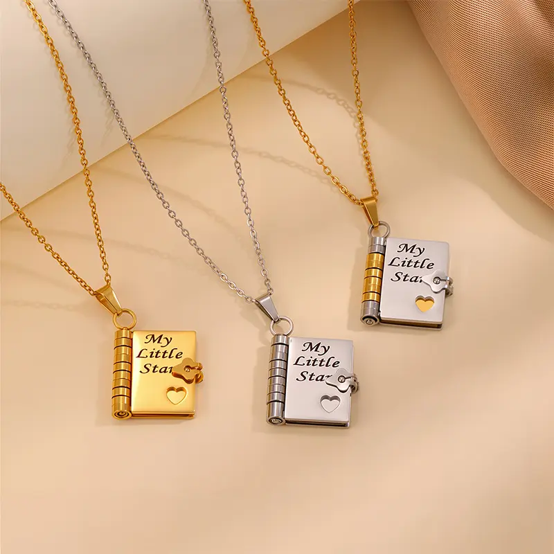 Kids' Fading-Free, Scratch-Resistant My Little Star Book Pendant Necklace with Heart Accent, Book-Shaped Charm, Star-Shaped Metallic, Fashion Costume Jewelry, Ideal Gift Option, Book-Shaped Charm Necklaces, Star-Shaped Metallic Necklaces