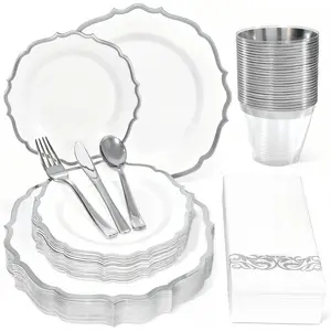 175 Dinnerware Set Silver Disposable Dinnerware Set for 25 Guests Include 50,25 Silverware Set 25 Cups and 25 for Wedding Thanksgiving