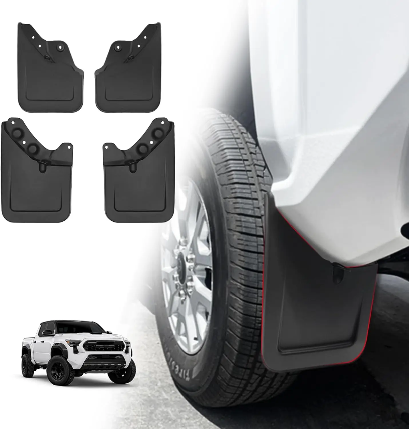 4-Piece Mud Flaps & Splash Guards Set for 2024-2026 Toyota Tacoma, Front & Rear Splash-Proof Guard Panels, Black PP with TPE Hardware, OE Standards, IATF16949 Certified, All-Weather, Complete Installation Kit Accessory