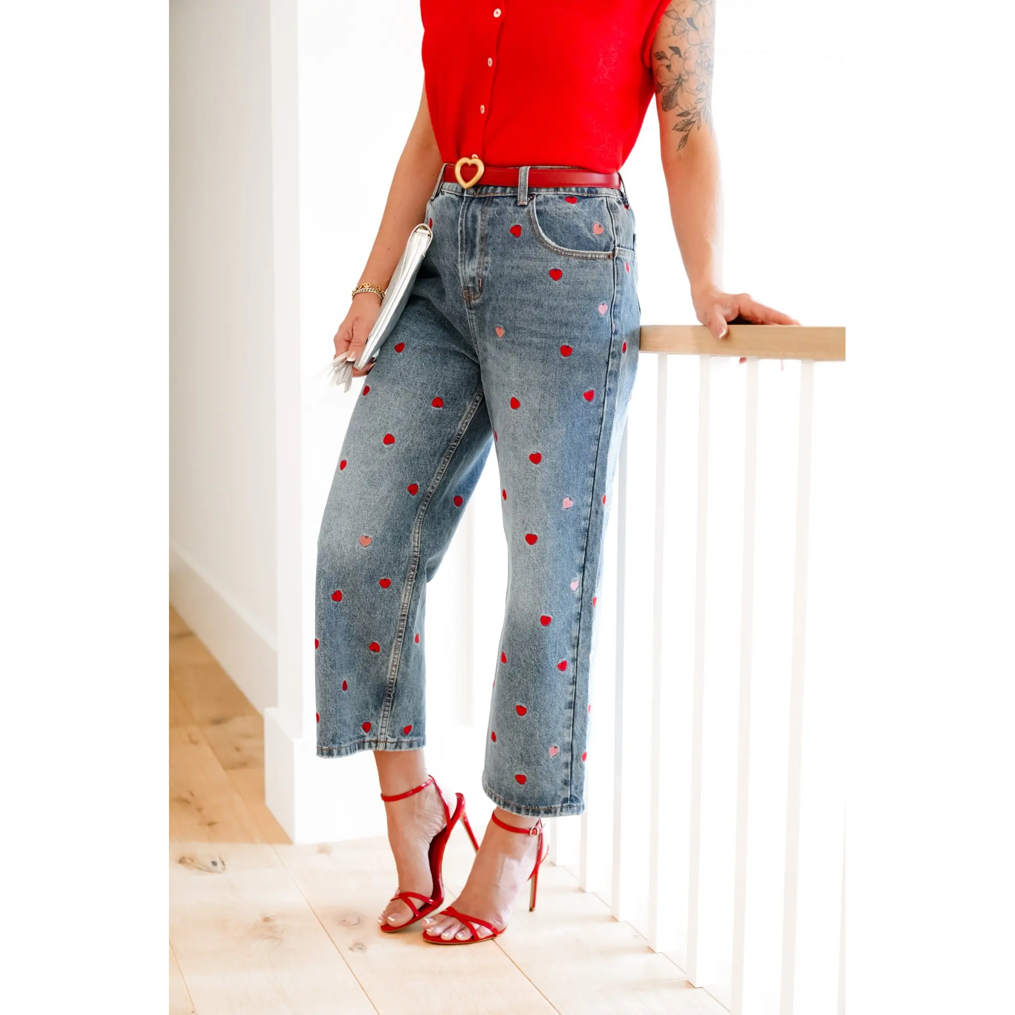 Medium Washed High Rise Embroidered Hearts Jeans