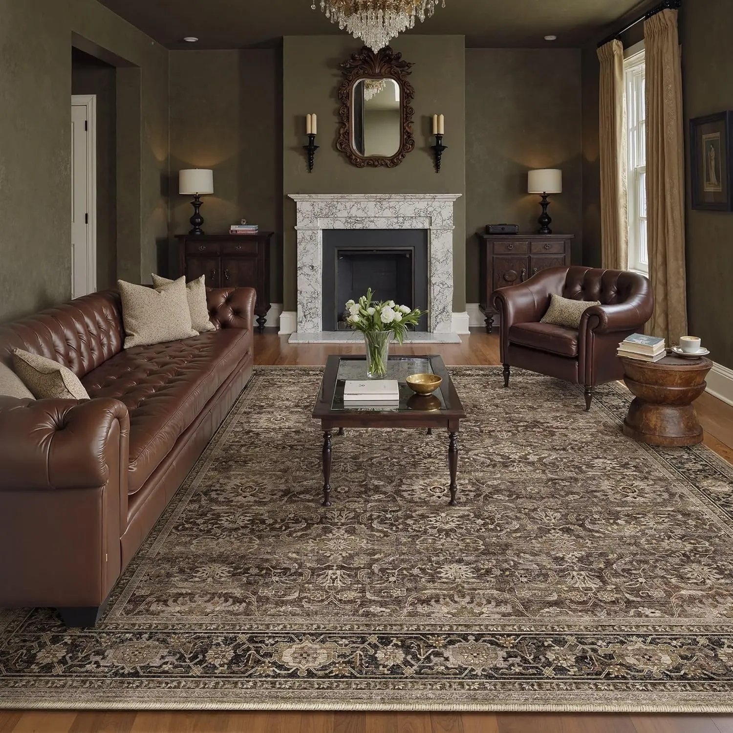 HUGEAR Brown Washable 8x10 Area Rugs for Living Room Bedroom | Vintage Rug Distressed, Neutral, Dining Room, Farmhouse, Indoor Carpet, Durable Soft, Non Slip & Shedding, Low Pile