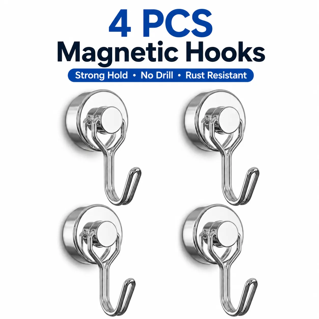 4PCS Heavy-Duty Magnetic Fridge Hooks - Strong Removable No-Drill Hangers for Home Organization, Metal Cabinets, Renters Organiser