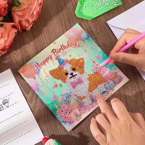 6pcs Birthday DIY Card Set - Enveloped Custom Message Cards, Puppy Cake Floral Designs, Playful Diamond Painting Crystal Shapes Partial Mosaic Craft, Paper Material, Kids' Holiday Toy Gift