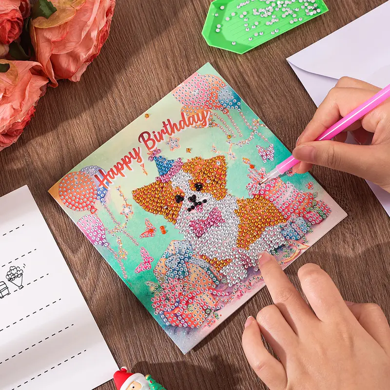 6pcs Birthday DIY Card Set - Enveloped Custom Message Cards, Puppy Cake Floral Designs, Playful Diamond Painting Crystal Shapes Partial Mosaic Craft, Paper Material, Kids' Holiday Toy Gift