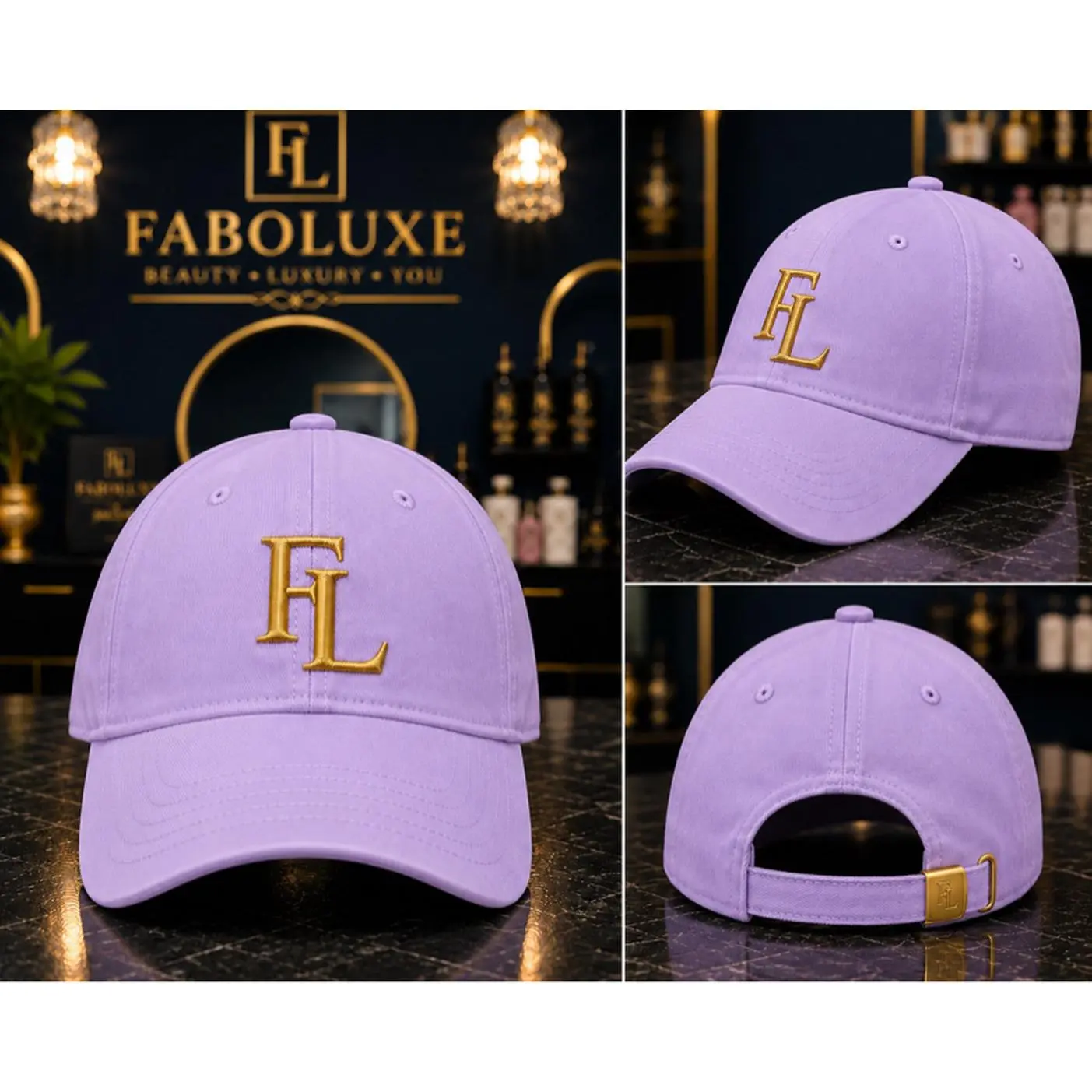 Faboluxe Purple Baseball Cap with Gold FL Logo Adjustable Strap for Men and Women