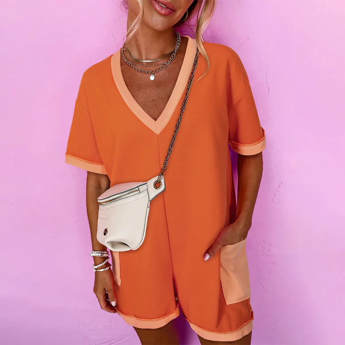 Women's Comfortable Colorblock Russet Orange 2-Tone Short-Sleeve V-Neck Pouched Pocket Loose Overalls with Pockets - Casual Rompers for Women's Suits & Sets, Casual Outing Ready, Short Sleeves Keep Arms Free To Move, Vneck Easy Access