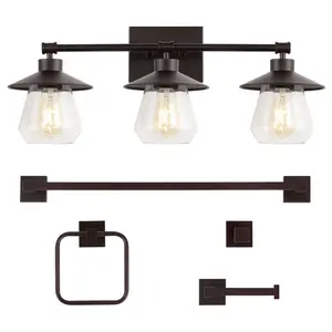 JONATHAN Y Avalon 26" 3-Light Farmhouse Cottage Vanity Light with Bathroom Hardware Accessory Set