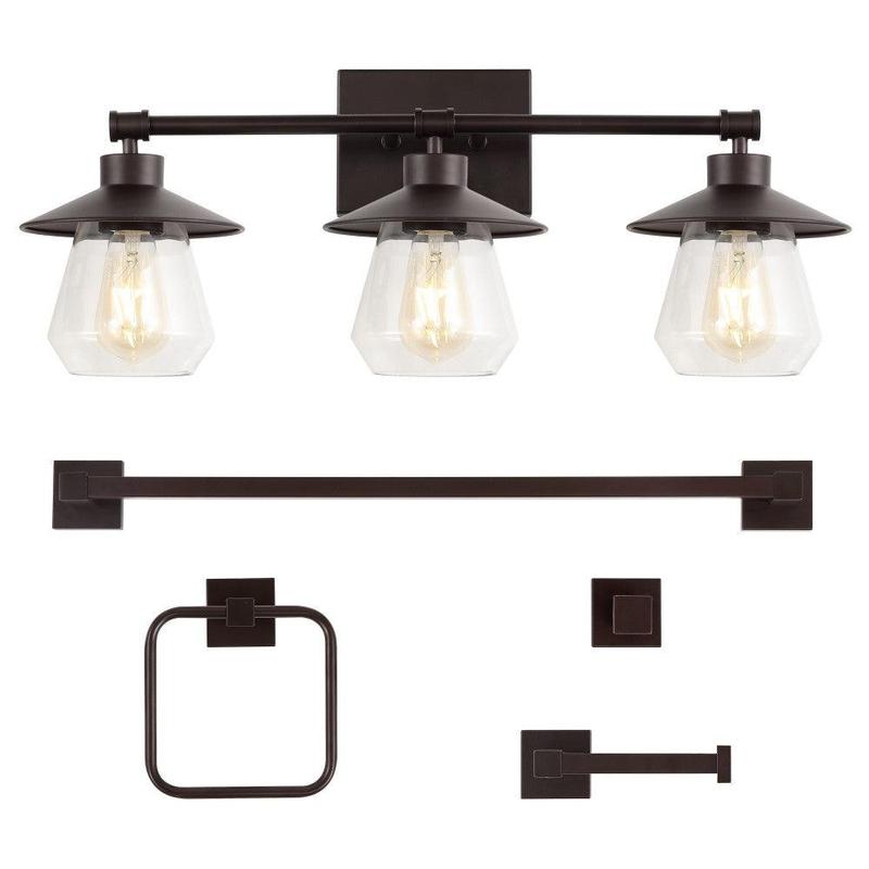JONATHAN Y Avalon 26" 3-Light Farmhouse Cottage Vanity Light with Bathroom Hardware Accessory Set