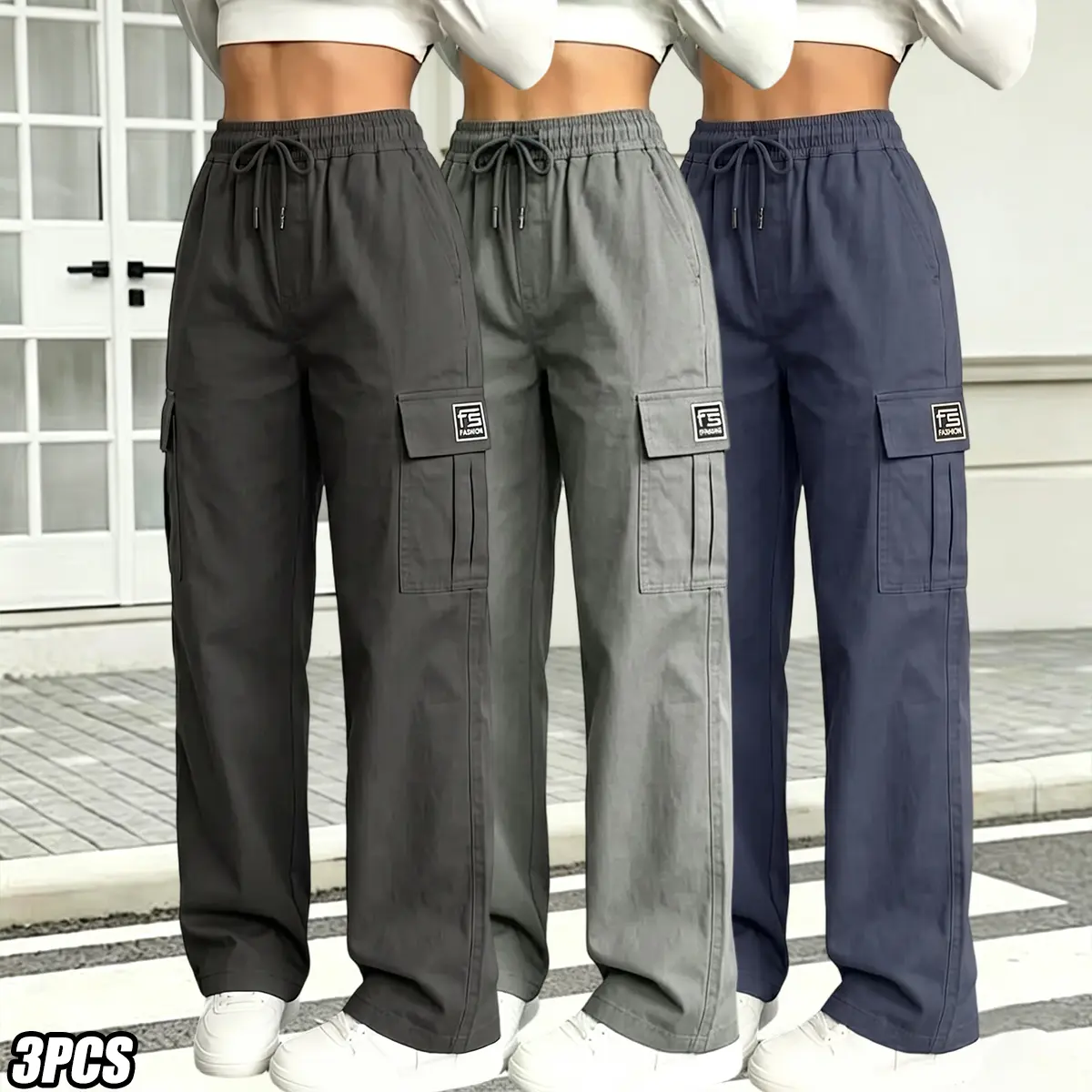 Pack of 3 women’s cargo pants featuring fold-over pockets; elegant casual solid-color long pants for women; American-style women’s cargo pants that are machine washable, casual wide-leg design; straight-leg pants with multiple pockets and a high elastic w