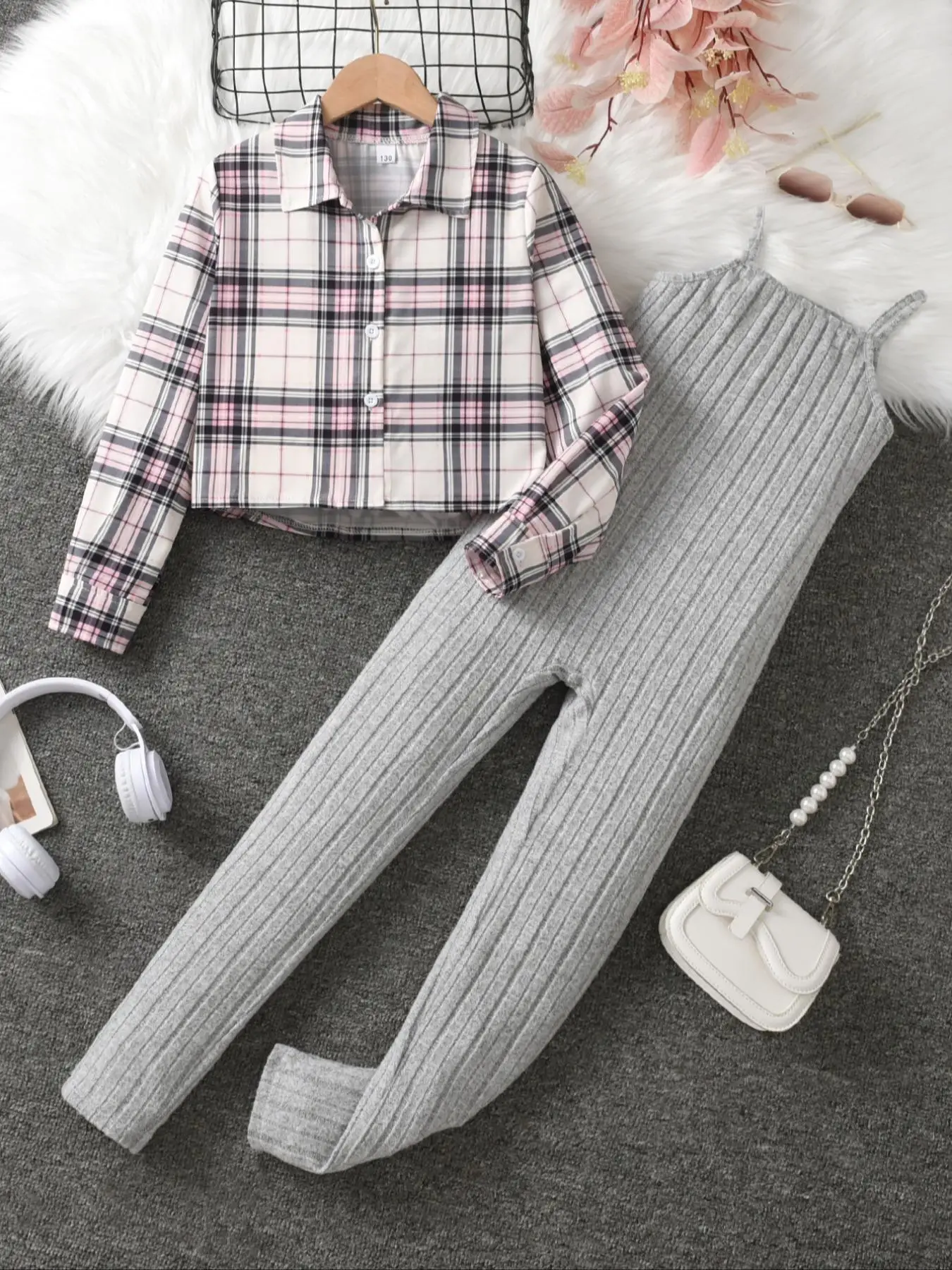Two-Piece Set Girl's Plaid Print Button Front Shirt & Plain Cami Jumpsuit Set, Casual Long Sleeve Collared Top & Sleeveless Jumpsuit for Spring & Fall