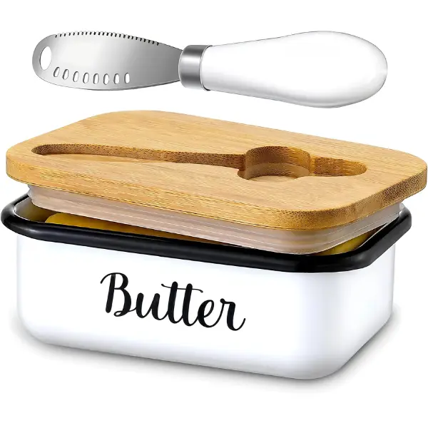 Butter Dish with Lid & Curler Knife | Stainless Steel Butter Keeper with Double Silicone Seal | Farmhouse Kitchen Container