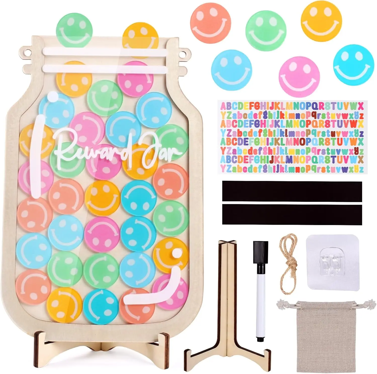 Magnetic Reward Jar, Smiley Faces Jar with Colorful Letter Stickers,Great for Potty Training Tool, Home Chore Chart and Classroom Behavior Training