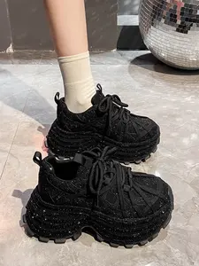 Heavy-Duty Full Diamond Thick Sole Sports Shoes, Strap Design, Versatile Daily Wear, Height Increasing Casual Dad Sneakers, Walking Shoes