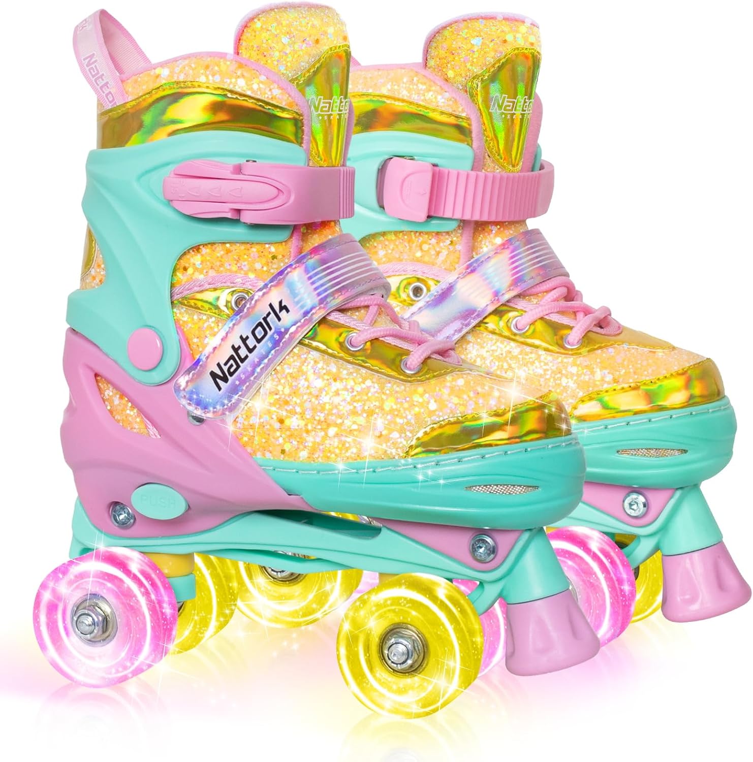 Nattork Kids' Adjustable Roller Skates for Girls (Ages 3-12, 4 Sizes), Light-Up Flashing Wheels, Triple Safety Protection with Secure Closure, Beginner Casual Skating Gear, Indoor/Outdoor Birthday Holiday Gift