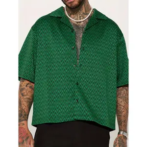 Summer Style, Men's Stylish Green & Black Chevron Pattern Short Sleeve Shirt - Casual Loose-Fit with Button-Up Collar, Easy Care Polyester Blend, Perfect for Summer, Shirts for Summer Top Menswear Stretch Stripes