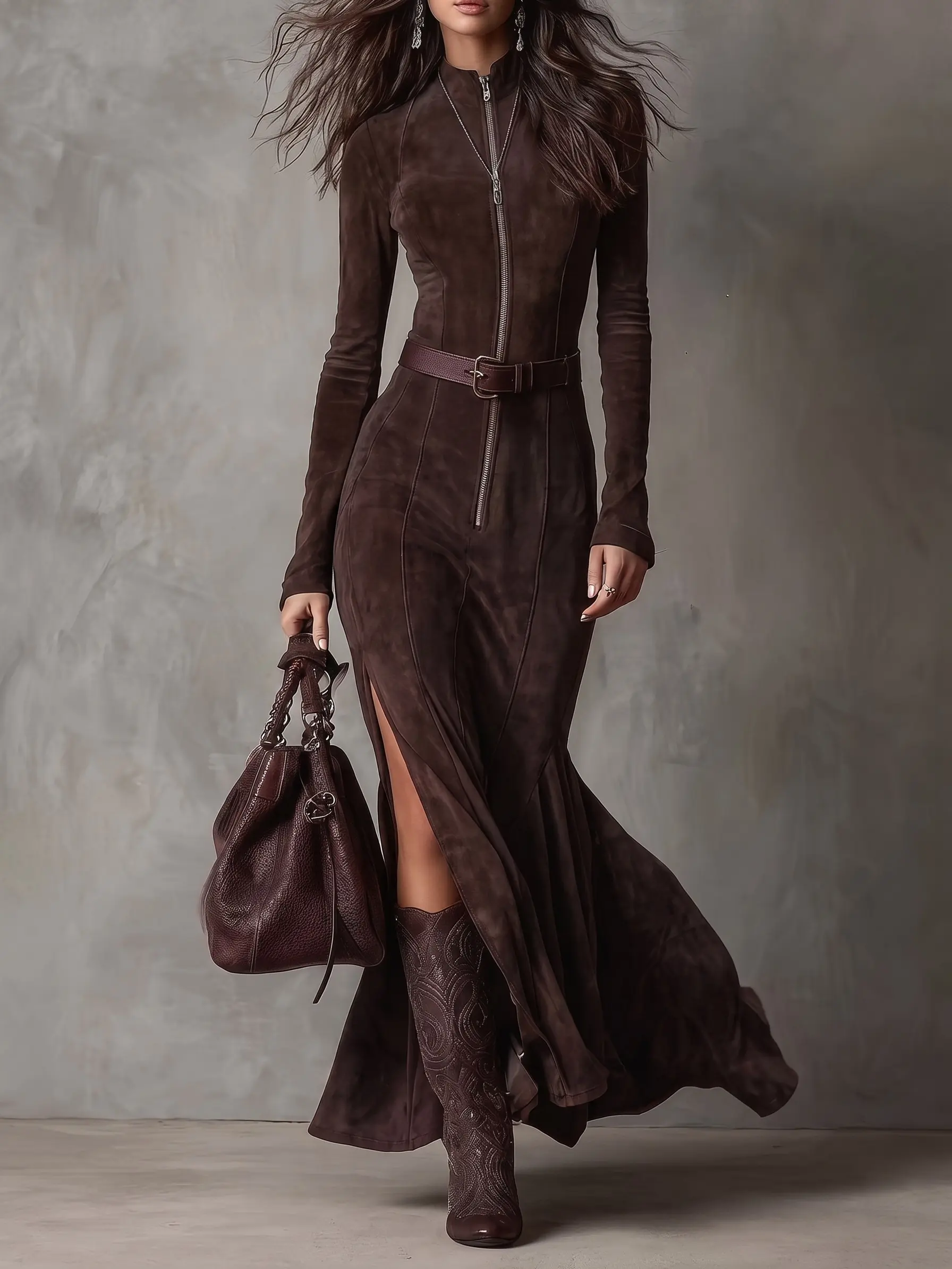Women's Elegant Formal Faux Suede Maxi Gown 2026 - Long Sleeve Mock Neck Belted Zip-Up Vintage Western Tailored, Plain Fashion, Earthy Tones, High Slit, Occasion Dress Up Wear