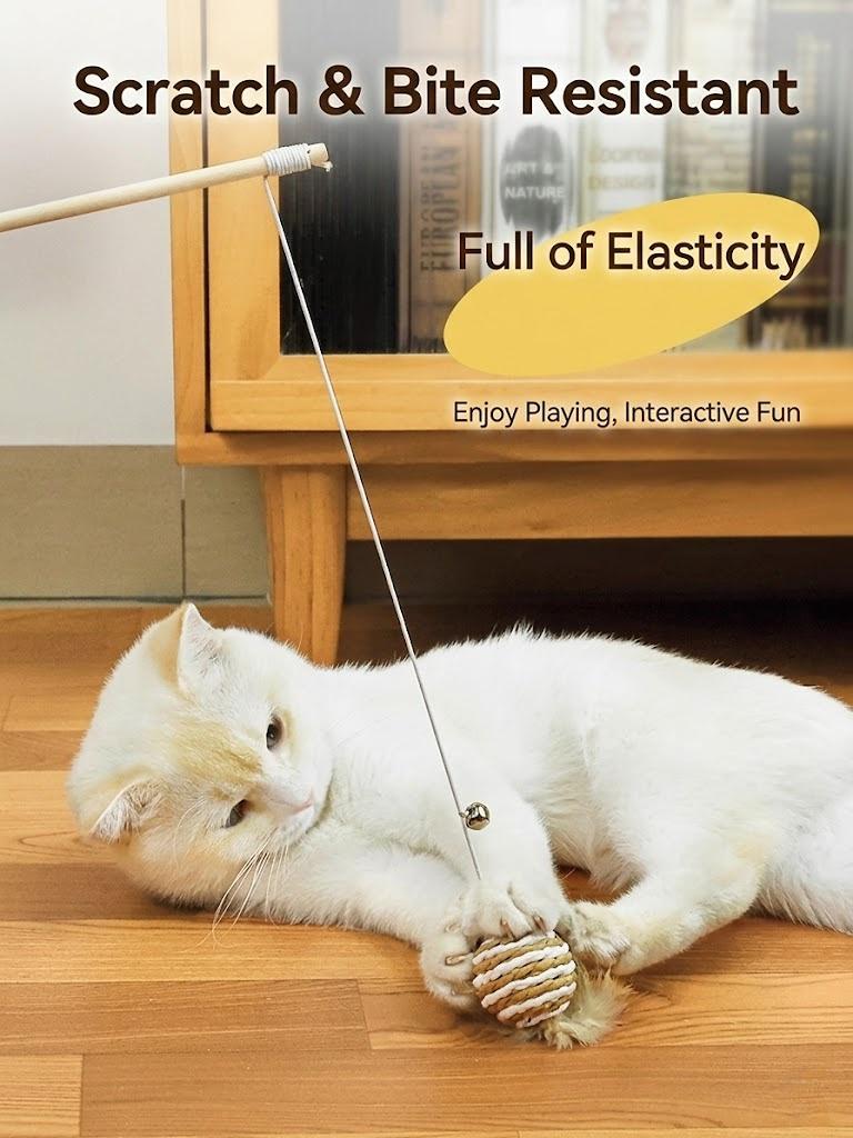 Handcrafted Natural Wood Cat Teaser Wand Toy with Durable Jute Rope Mouse, Real Feathers and Jingle Bell - Interactive Log Teasing Stick for Indoor Cats, Kittens, Exercise and Hunting Play