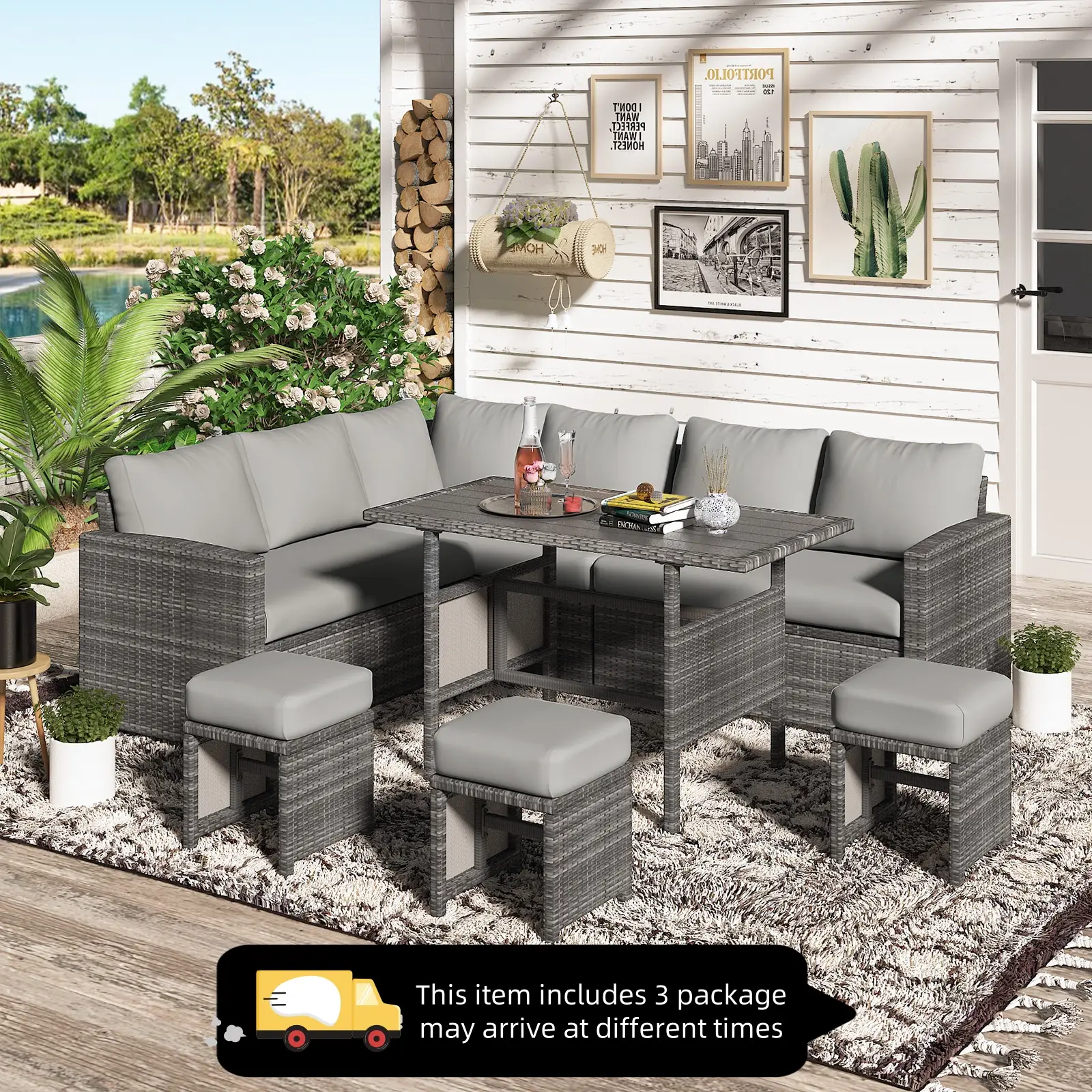 【2/3/4 Packages Shipping】YODOLLA 7 Pieces Outdoor Sectional Sofa Conversation Set All Weather Wicker Rattan Couch Dining Table & Chair Outdoorfun