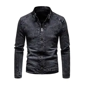 Men's Black Distressed Denim Stand Collar Jacket: Zipper-Front Slim-Fit Streetwear Casual Outerwear