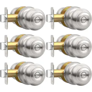 Privacy Door Knob, Brushed Nickel Interior Keyless Door Knobs Locks Set (6 Pack), Door Knob with Lock for Bedroom Bathroom, Reversible for Left/Right Door Handles