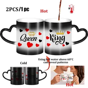 Queen King Design Thermosensitive Cup, Magic Color-Changing Heart-Handle, 11 Oz/330 Ml, Coffee Lover Gifts, Valentine's Day, Wedding Presents Mug, Funny Gift Mug