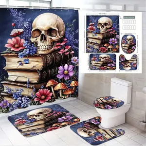 4pcs Gothic Floral Bathroom Décor Set - Dark Blue Shower Curtain with Skull and Leather-Bound Books, Matching Bath Mat, and Toilet Seat Cover - The floor mat fabric is thicker and softer! Whimsical Halloween Home Accent for Unique Decor Enthusiasts