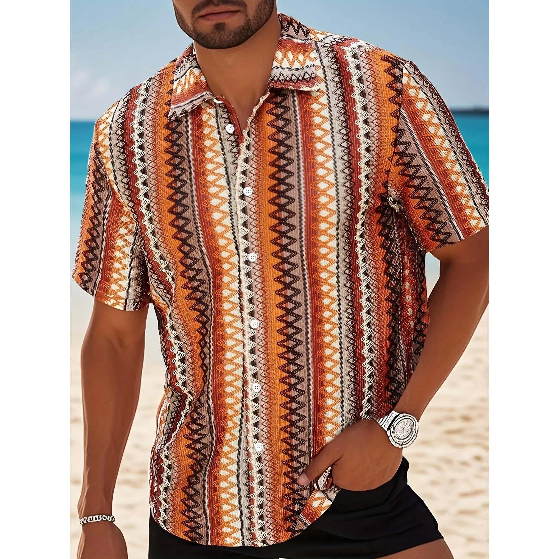 Men's Vintage Rainbow Stripe Short-Sleeve Button-Front Shirt - Regular Fit, Lapel Collar, Polyester Casual Menswear Shirt for Summer