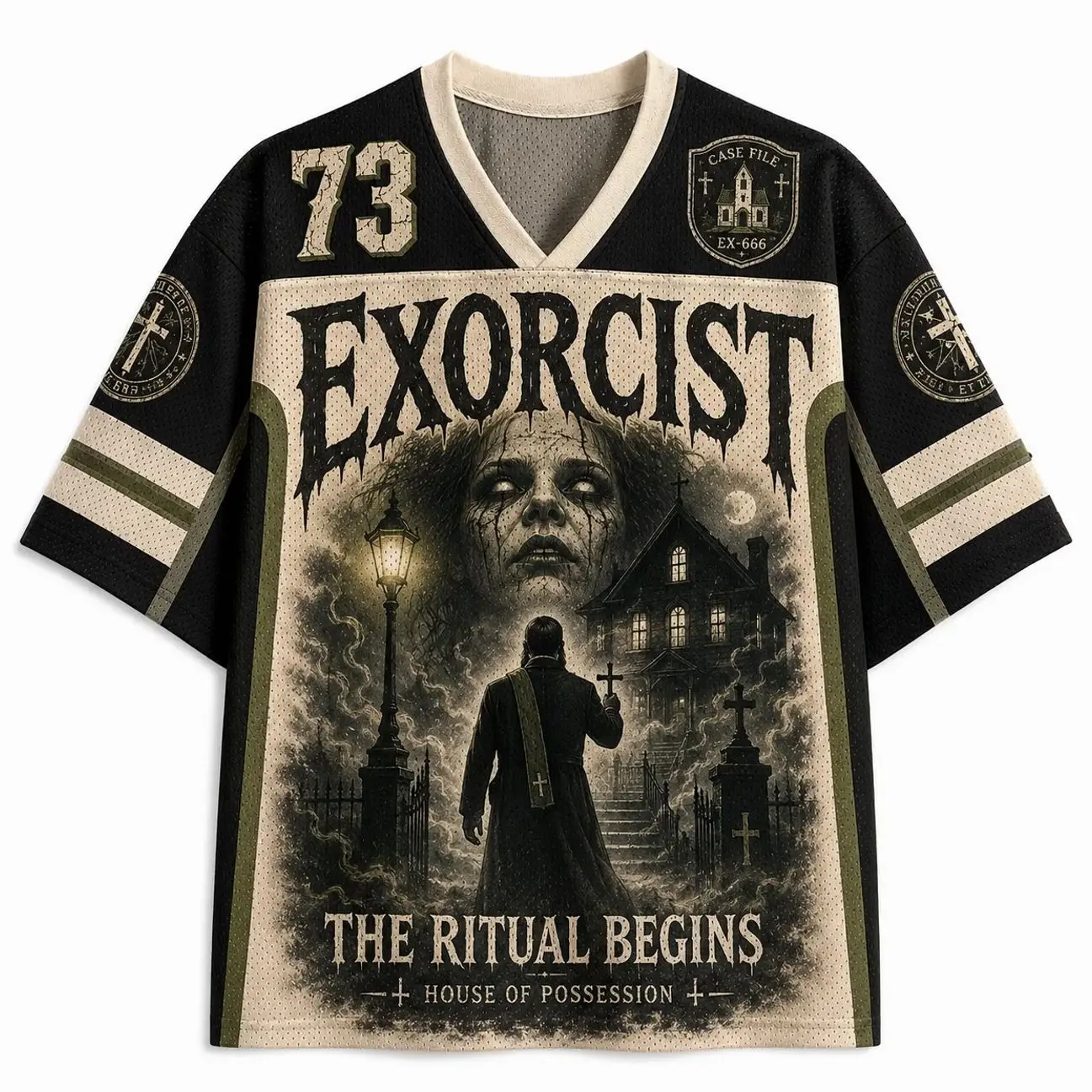 Demon Banisher Mesh Jersey Shirt, Supernatural Horror Graphic Jersey, Dark Fantasy Hunter Top, Halloween Unisex Fan Jersey Gift 92S