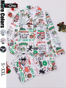 【Christmas Pajamas】It's A Beaut Clark Christmas Women's Set, Long Sleeve Button Front Top & Elastic Pants, Soft Comfortable Holiday Sleepwear & Loungewear for Women