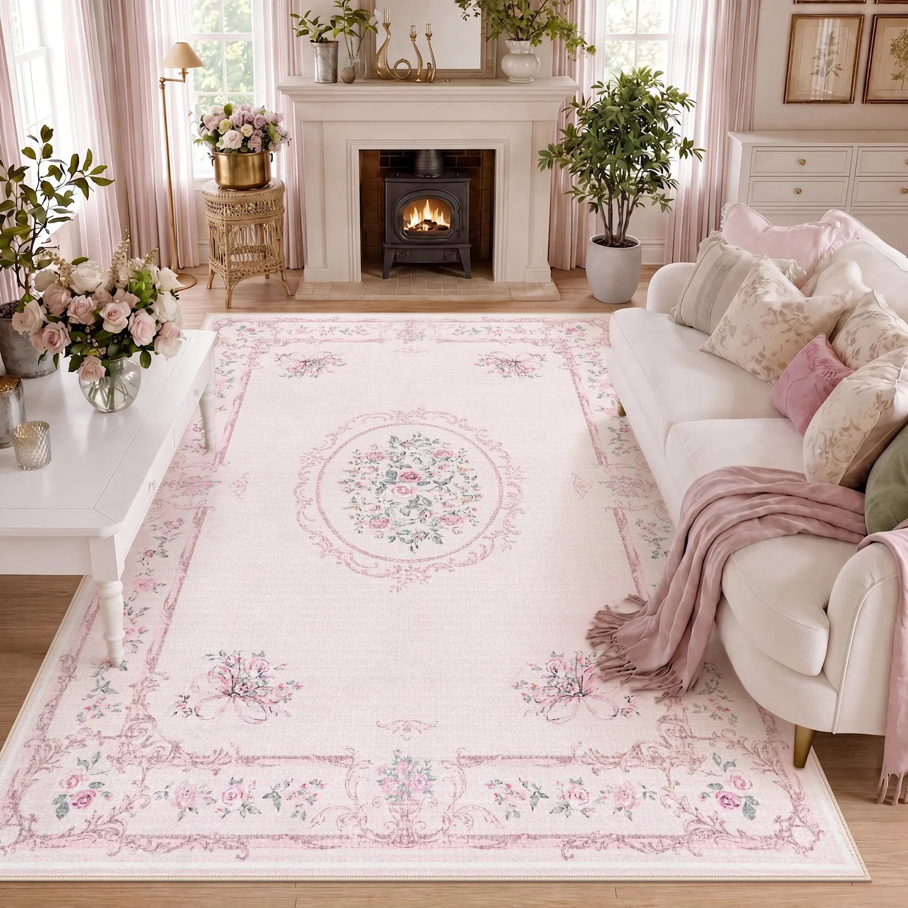 Tribesigns Floral Bow Pink 8 x 10 Area Rug for Girls Bedroom, Soft Washable Rose Medallion Nursery Living Room Rugs, Large Non-Slip Low Pile Boho Floral Carpet for Dorm Kids Playroom