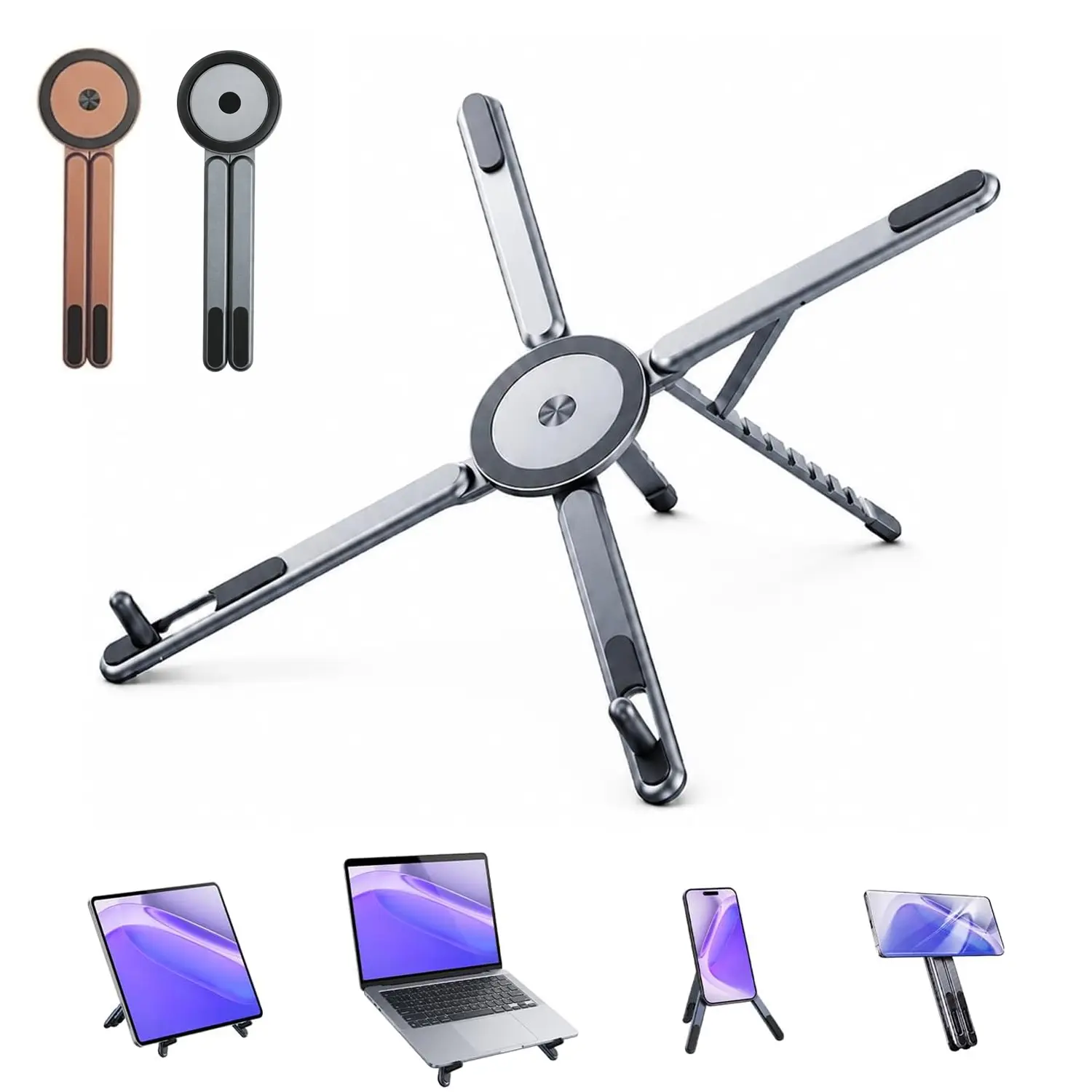 NUYETE 3 IN 1 Magnetic Foldable Laptop Stand, compatible with MagSafe, Adjustable Aluminum Alloy Laptop Riser for Desk, Portable Multi-Angle Stand for 10–16” Laptops, 4–13” Phones & Tablets, Compatible with iPhone and Android