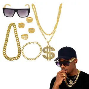 8 pcs 80s 90s hip-hop jewelry set - including fake gold chains, bracelets, dollar sign pendants, rings, and sunglasses, suitable for Halloween, parties, rapper costumes, and streetwear styling