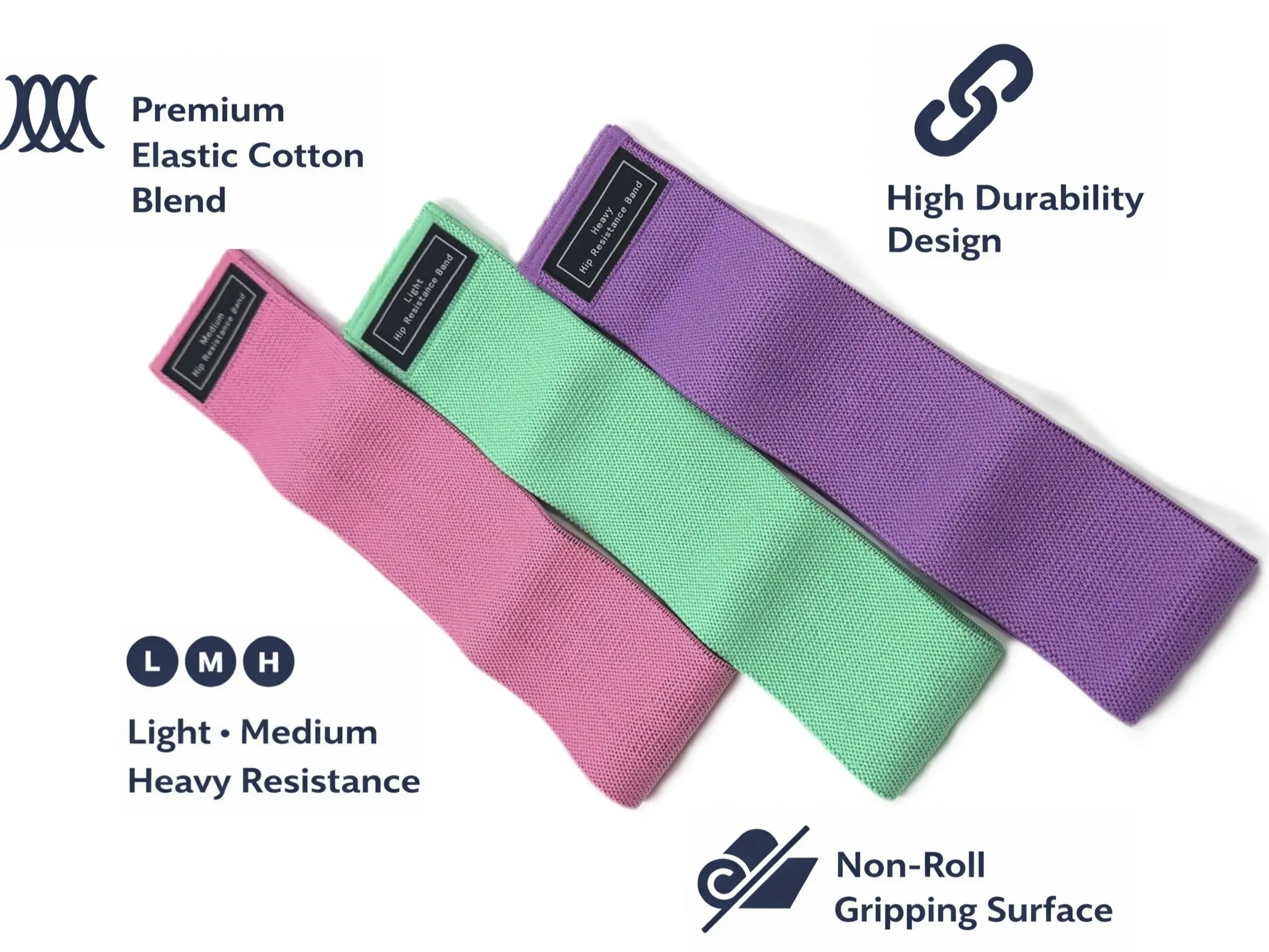 Fabric Resistance Bands Set 3 Pack Light Medium Heavy Workout Yoga Fitness