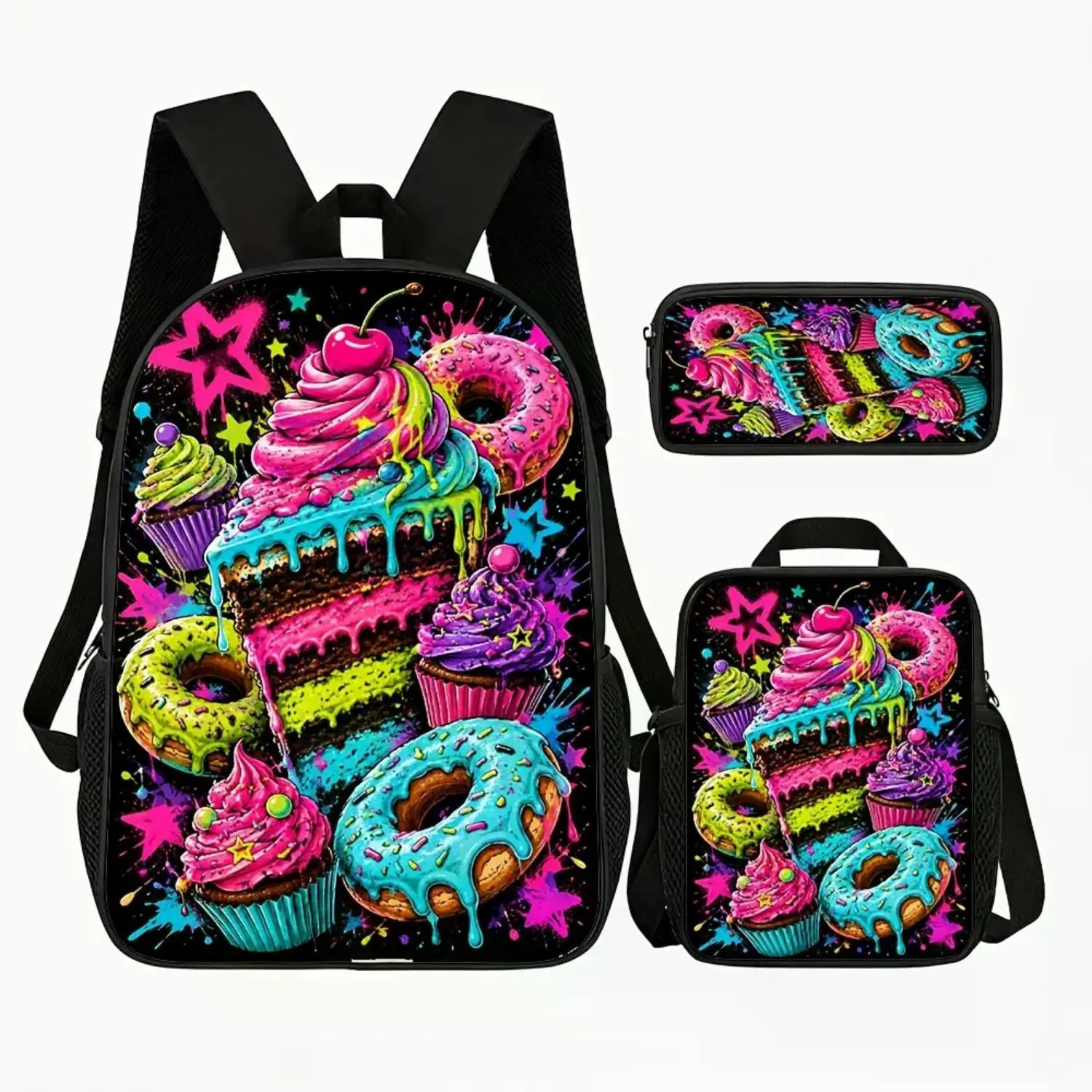 1/3-Piece Neon Pop Art Laptop Backpack Set, Cute Cake & Donut Dessert Print, 17-Inch School Bookbag, Travel & Work Bag for Girls and Boys, Trendy Urban Street Style, Birthday & Back-to-School Gift