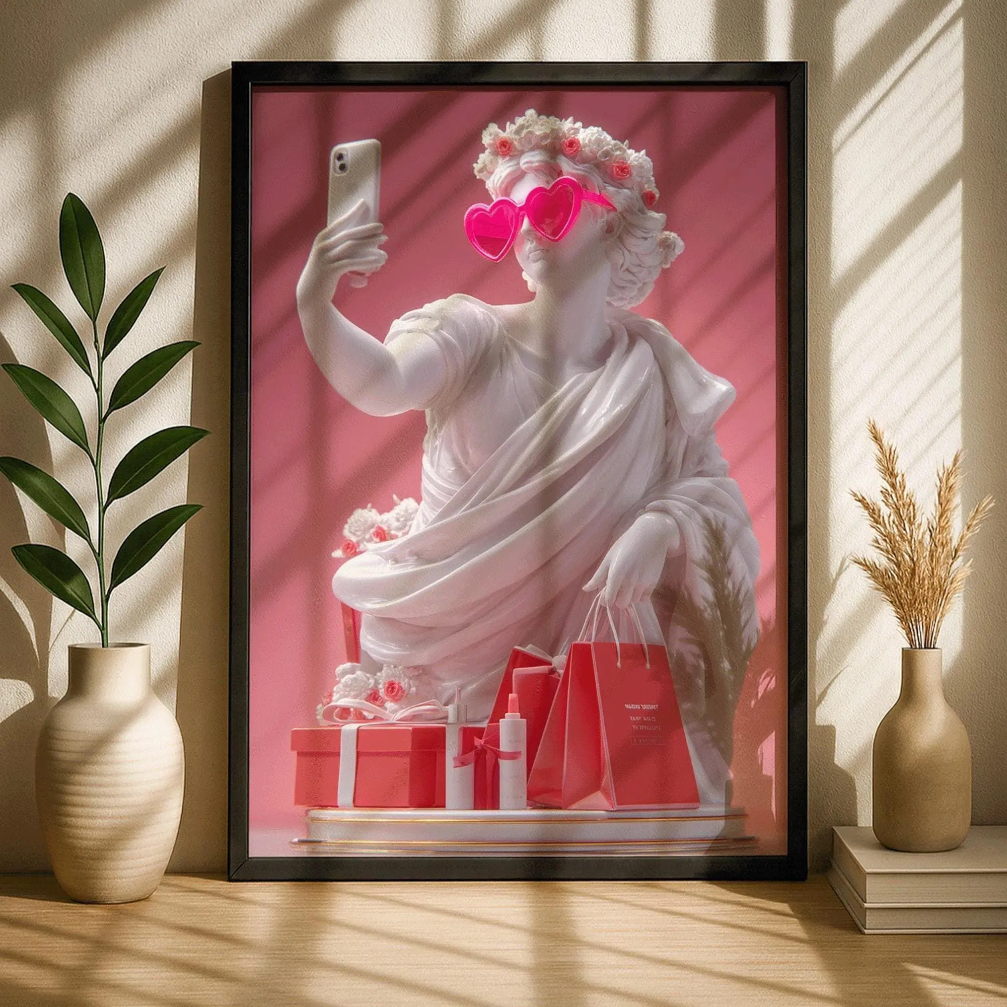 Pink Paper Wall Poster - Multi-Size (8x10,11x17,12x18,18x24,24x24,27x40,30x30) Unframed Classic Graphic Print, Contemporary Funny Decorative Art Statue with Heart Glasses, Digital Home Decor Bold Room Wall Accent