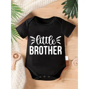 Cute Baby Bodysuit With Little Brother Print Soft Versatile Round Neck Button Detail Regular Fit All Seasons Knitted Fabric Onesie
