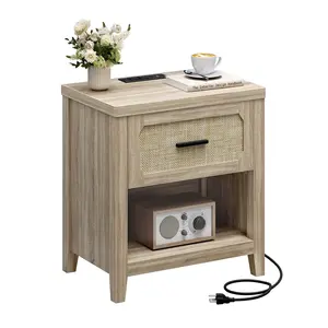 SIKAIC 22-in Rattan Accent Nightstand - Grey Oak Indoor Furniture, Nightstands for Bedroom with Charging Station and Port