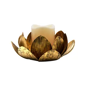 LumaBase Gold Lotus Metal Candle Holder - Battery-Operated Flickering Warm White LED Light with Timer, Switch, Leaf & Flower Accents, Table Centerpiece for Home Decor