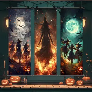 Halloween Hanging Banner, 3 Counts/set Scary Witch Canvas Poster, Mysterious Witch Decoration, Halloween Decorations, Fun Yard Decorations