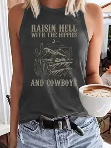 Women's Western Cowboy Print Vest, Casual Round Neck Sleeveless Summer Vest, Comfortable Breathable Fitted Top, S-Xxl Sizes