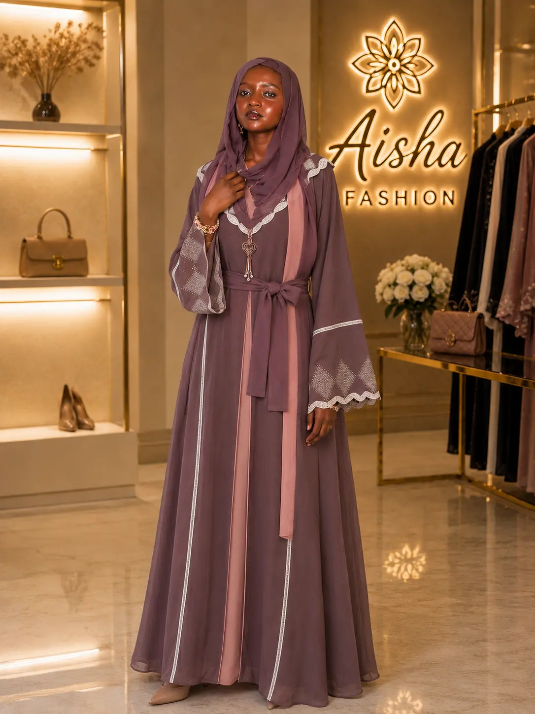 Luxury Dusty Mauve Embellished Open Abaya Set with Matching Hijab