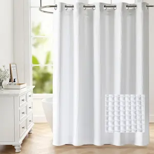 Waffle No Hooks Shower Curtain with Snap in Liner,Cotton Blend Fabric Shower Curtain for Bathroom,Hotel Quality,White,71 Wx 74 L
