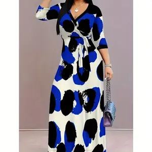 Casual pattern print V-neck half-sleeves and floor girdle waist long holiday dress