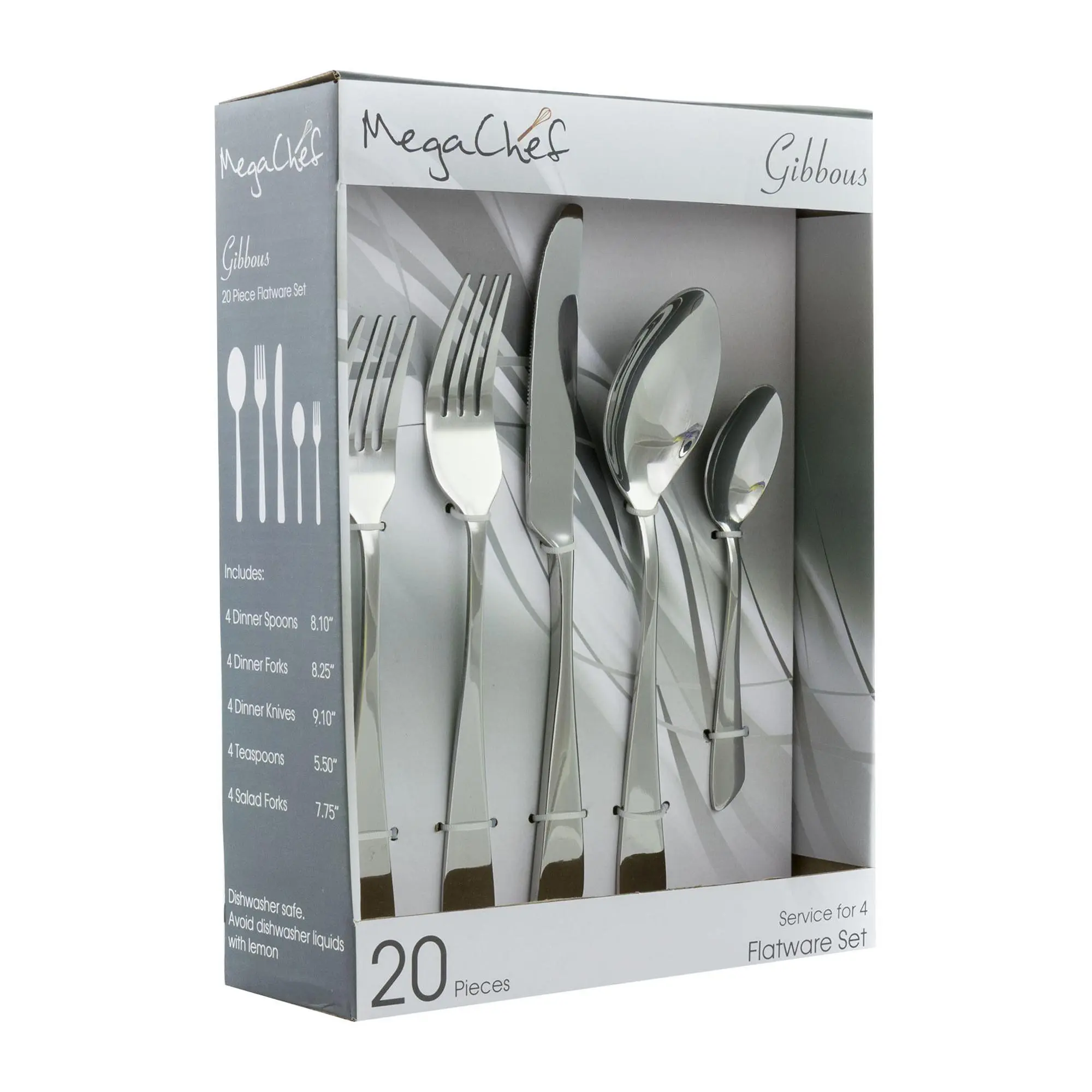 MegaChef Gibbous 20-Piece Flatware Utensil Setin Silver MegaChef Gibbous 20-Piece Flatware Utensil Setin Silver